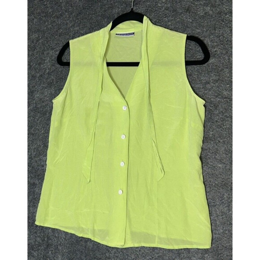 Vintage Amanda Smith 100% Silk lime green High Neck Sleeveless Blouse Size M